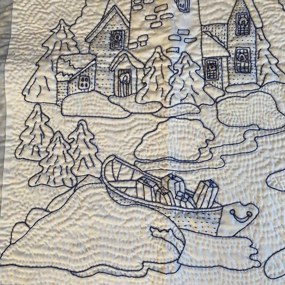 Lighthouse machine embroidered quilt winter snow Blue‎ Christmas decor wall art